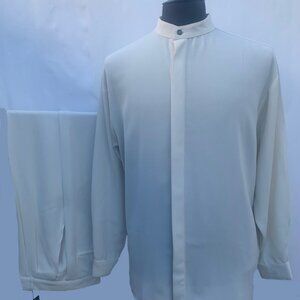 Two-Piece Long Sleeve Casual Shirt & Pant Set 100% Polyester Beige Made in USA
